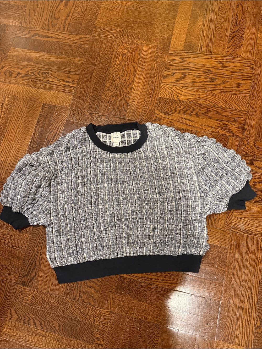 Anthropologie Maeve Puff Gray Tweed Knit Puff-Sleeve Top